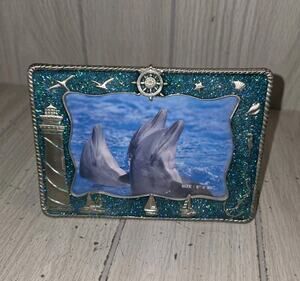 Pewter And Enamel Nautical Dolphins Picture Frame 3.5x 5 Lighthouse Seagulls